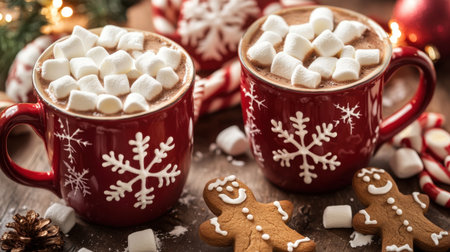 Enjoy a delightful holiday setting featuring two red mugs of hot chocolate topped with fluffy marshmallows, surrounded by festive decorations and gingerbread cookies.の素材