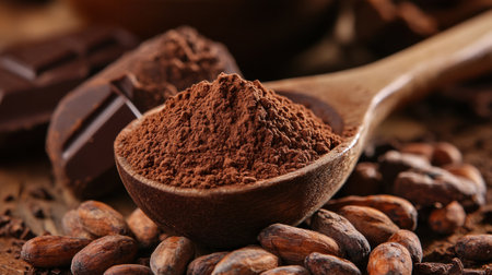 A visually appealing arrangement of rich cocoa powder in a wooden spoon, surrounded by cacao beans and dark chocolate squares, ideal for culinary use.の素材