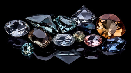 A stunning array of colorful gems and diamonds arranged on a sleek black surface, showcasing various cuts, reflections, and textures in a visually striking manner.の素材