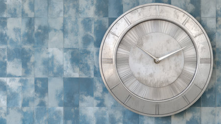 This image features a modern silver wall clock set against an abstract blue tile background, blending vintage design with contemporary aesthetics for an elegant decor touch.の素材
