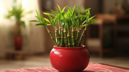A vibrant bamboo plant in a bright red pot adds a touch of nature and tranquility to any indoor space. Captured with soft lighting, this image radiates warmth.の素材