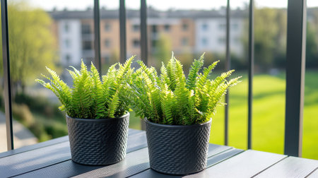 Two vibrant ferns in stylish pots sit on a balcony table, surrounded by lush green grass, capturing the essence of tranquility and outdoor living.の素材