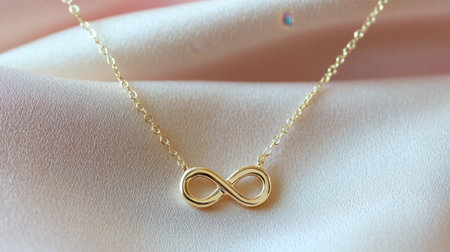 This elegant gold infinity necklace rests gracefully on a soft pink fabric background, embodying timeless beauty and style. Perfect for gifting.の素材