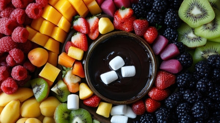 A vibrant assortment of fresh fruits arranged with a bowl of rich chocolate dip and fluffy marshmallows, perfect for desserts and snacks at any gathering.の素材