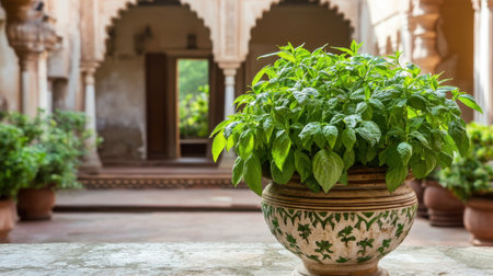 A vibrant basil plant thrives in a beautifully crafted terracotta pot, set against the serene backdrop of a historic courtyard. This image captures the essence of tranquility and cultural richness found in architectural beauty.の素材