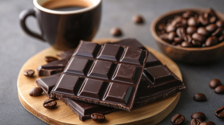 A delightful arrangement of dark chocolate squares, an elegant cup of coffee, and roasted coffee beans on a wooden plate, capturing the essence of indulgence.の素材