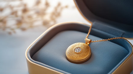 A stunning gold pendant necklace with intricate design rests elegantly in a jewelry box. The sparkling diamond accent adds a touch of luxury, ideal for gifts.の素材