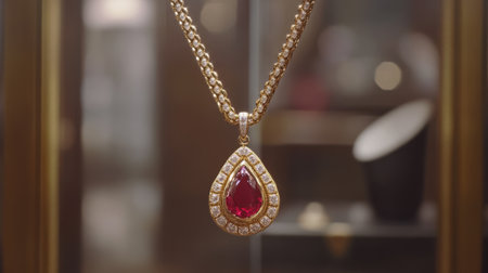 This stunning gold necklace features a tear-drop ruby pendant surrounded by sparkling diamonds, elegantly displayed in a jewelry store setting.の素材
