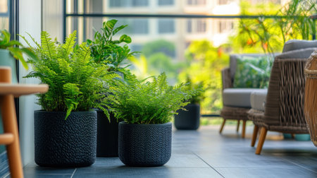 A serene indoor scene showcasing vibrant ferns in stylish pots, complemented by modern furniture and abundant natural light, creating a refreshing atmosphere.の素材