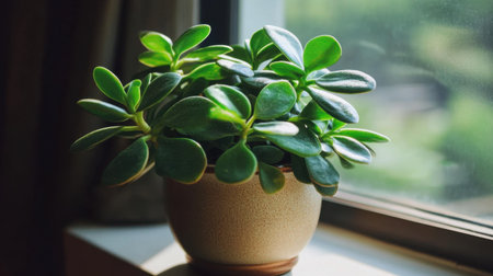 This image captures a lush green potted plant with vibrant leaves, beautifully positioned on a windowsill, basking in natural sunlight, enhancing any indoor space.の素材