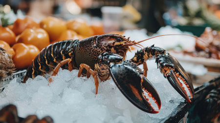 A vibrant lobster resting on ice in a seafood market, surrounded by fresh produce. This image captures the essence of culinary freshness and abundance.の素材
