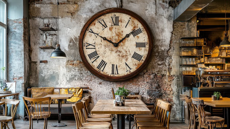 A beautifully designed cafe interior featuring rustic elements, a large vintage clock, and warm color tones that create an inviting atmosphere for diners.の素材