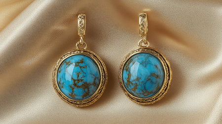 Stunning blue turquoise earrings featuring a gold frame, set against a soft satin background. Perfect for adding elegance to any outfit.の素材