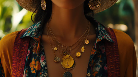 A close-up portrait of a stylish woman wearing layered gold jewelry, showcasing intricate designs in a serene tropical environment illuminated by sunlight.の素材