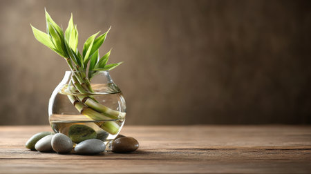 A serene composition featuring a glass vase filled with bamboo stalks and smooth stones on a wooden surface, ideal for promoting tranquility and natural beauty in home decor.の素材