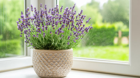 A stunning lavender plant in a decorative pot brightens a windowsill, showcasing vibrant flowers against a lush green backdrop in a peaceful setting.の素材