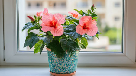 A stunning display of vibrant pink hibiscus flowers in a decorative pot, set against a bright windowsill, showcasing natural beauty and elegance.の素材