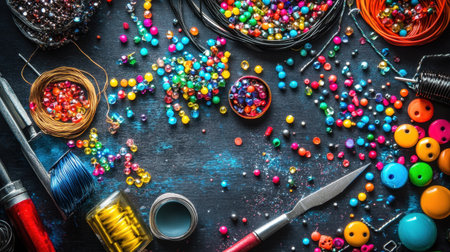 A vibrant array of colorful craft supplies and beads lay across a dark surface, perfect for inspiring DIY projects and creative endeavors. Ideal for artisans.の素材