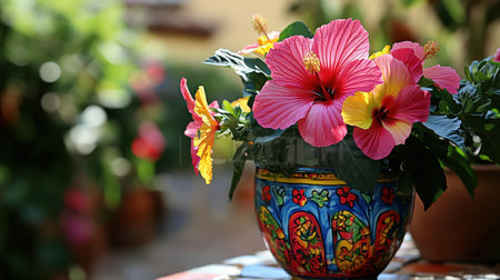 A stunning display of vibrant hibiscus flowers in a beautifully patterned pot, showcasing the beauty of nature in a bright and sunny garden environment.の素材