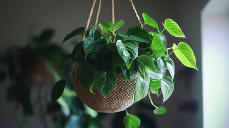 A beautiful hanging plant with lush green leaves in a woven basket, softly illuminated by natural light, perfect for enhancing home decor and relaxation.の素材