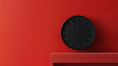 A stylish black clock is elegantly placed against a bright red wall and a matching shelf, showcasing a modern and minimalist aesthetic perfect for contemporary decor.の素材