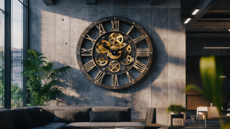 This captivating wall clock features intricate gears and a vintage design, set against a stylish modern office backdrop, perfect for interior decor inspiration.の素材