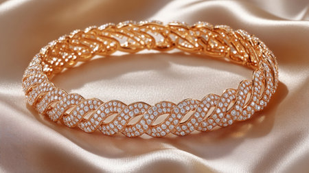 A stunning rose gold bracelet featuring intricate links adorned with sparkling diamond-like accents, showcased elegantly on soft satin fabric. Perfect for luxurious displays.の素材