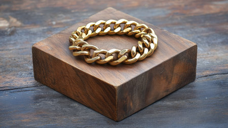 This stunning gold chain bracelet rests elegantly on a polished wooden base, showcasing its luxurious design perfect for fashion visuals or jewelry advertising.の素材