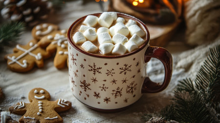 A delightful scene featuring a mug of hot chocolate topped with fluffy marshmallows, surrounded by delicious gingerbread cookies and warm holiday decorations.の素材