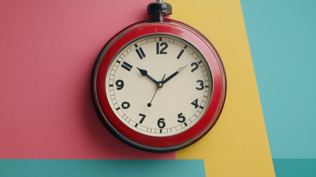 A vibrant vintage red alarm clock positioned against a colorful geometric background, capturing the essence of time with a playful twist in design.の素材