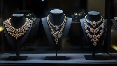 A captivating showcase featuring three exquisite necklaces adorned with intricate designs and sparkling gemstones. Perfect for displaying luxury.の素材