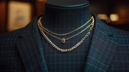 This image showcases a collection of elegant gold necklaces layered gracefully on a dark mannequin bust dressed in a stylish suit, highlighting exquisite jewelry craftsmanship.の素材