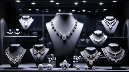 This image showcases an exquisite collection of fine jewelry displayed elegantly in a modern showcase, emphasizing intricate designs and sparkling details.の素材