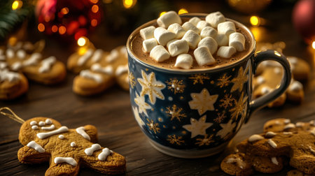 A cozy scene featuring a steaming mug of hot chocolate topped with fluffy marshmallows alongside decorated gingerbread cookies. Perfect for winter gatherings.の素材