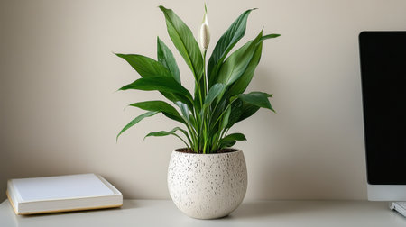 A tranquil indoor plant featuring lush green leaves sits elegantly in a modern pot, perfect for enhancing any minimalistic interior space or office.の素材