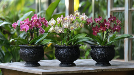A stunning arrangement of colorful orchids in intricate black pots creates a serene and elegant atmosphere, perfect for enhancing any indoor space.の素材