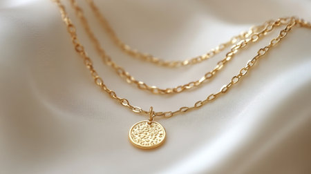 This stunning gold necklace features a textured pendant, elegantly draping over a soft fabric background, perfect for showcasing style and sophistication.の素材