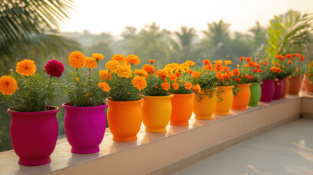 Colorful flower pots line a sunlit balcony, showcasing vibrant marigolds and greenery, creating a serene outdoor space perfect for relaxation.の素材