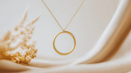 A stunning close-up of an elegant gold circle pendant necklace elegantly draped over soft fabric with delicate floral accents, embodying beauty and simplicity.の素材