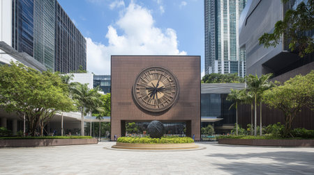 This stunning image showcases modern architecture highlighted by a prominent compass sculpture, surrounded by vibrant greenery and clear skies.の素材