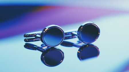 Captivating image of elegant silver cufflinks with a sleek design, reflecting vibrant colors on a shiny surface, perfect for fashion enthusiasts.の素材