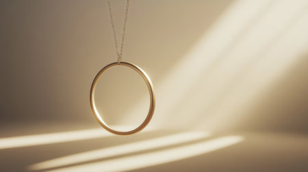 A stunning minimalist gold pendant necklace gracefully hangs in soft natural light, creating beautiful reflections and shadows that enhance its elegance.の素材