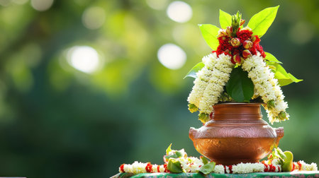 A beautiful traditional Indian pot adorned with fresh flowers and vibrant leaves, symbolizing celebration and spirituality during a festive occasion.の素材