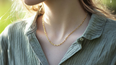 A young woman showcases an elegant golden necklace against the backdrop of nature, highlighted by soft sunlight for a fresh, stylish appearance.の素材