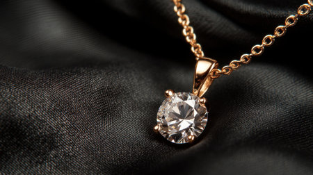 A stunning gold necklace features a large round diamond pendant, resting gracefully against a soft black fabric backdrop, highlighting its elegance and luxury.の素材