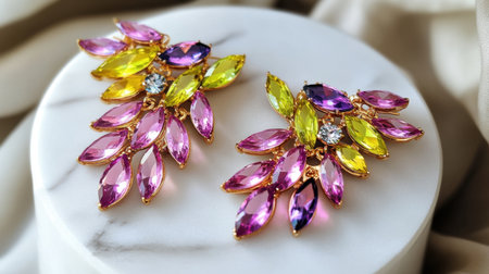 This stunning pair of vintage-inspired earrings features an array of vibrant gemstones in pink, yellow, and green hues, elegantly arranged in a floral design.の素材