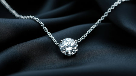 Discover the beauty of this elegant silver chain necklace featuring a round diamond pendant, perfect for showcasing luxury and sophistication against a soft black satin backdrop.の素材
