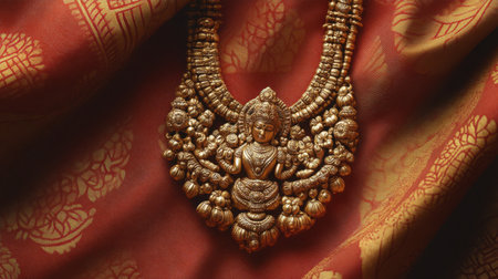 This stunning gold necklace features an intricate goddess design, beautifully displayed against a rich red fabric. Perfect for showcasing traditional jewelry elegance and cultural heritage.の素材
