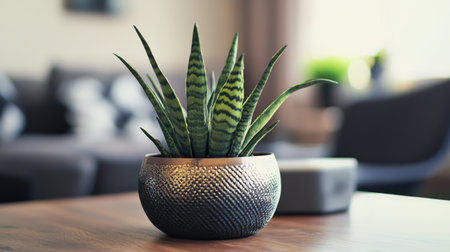 A stylish indoor plant arrangement enhances the modern living room, featuring vibrant leaves in a decorative pot that adds warmth and freshness.の素材