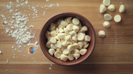 A bowl filled with white chocolate chips sits on a wooden countertop scattered with flour, ideal for enticing baking projects and dessert creations.の素材